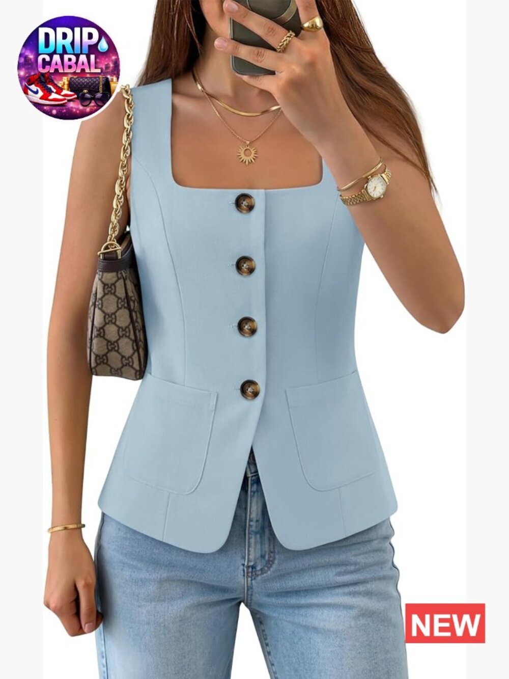 Sleeveless Square Neck Button Down Blazer Vest - Business Casual Work Waistcoat